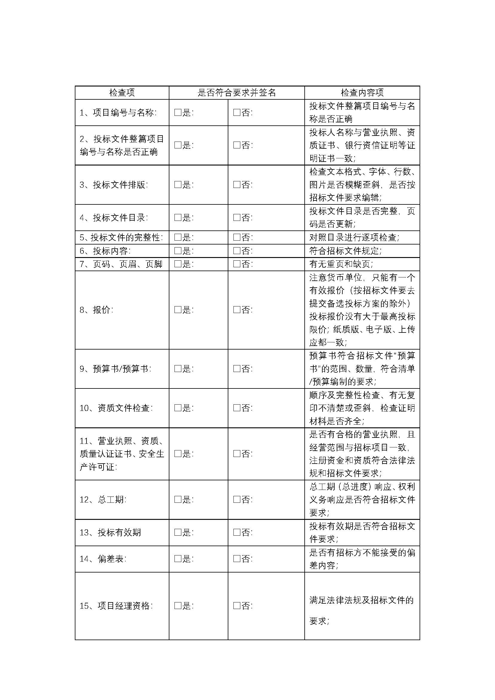 一篇比较简单的投标文件核对表格